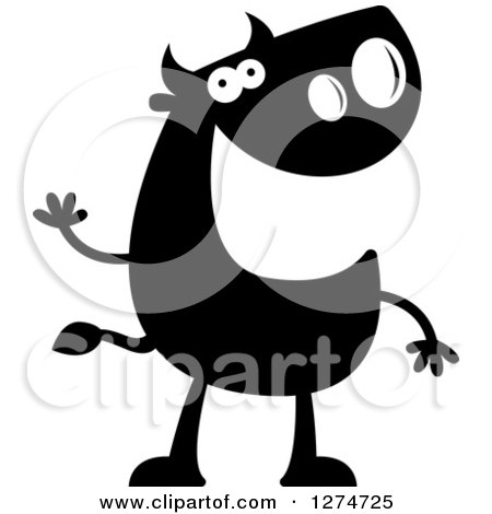 Clipart of a Black and White Silhouetted Friendly Bull Waving - Royalty Free Vector Illustration by Cory Thoman