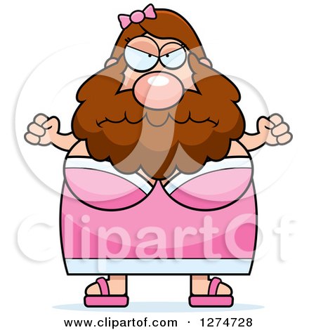 Clipart of a Chubby Caucasian Mad Bearded Lady Circus Freak Holding up Fists - Royalty Free Vector Illustration by Cory Thoman