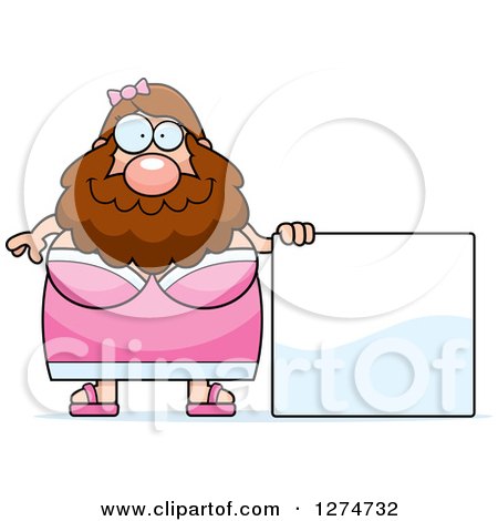 Clipart of a Chubby Caucasian Bearded Lady Circus Freak with a Blank Sign - Royalty Free Vector Illustration by Cory Thoman