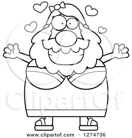 Clipart of a Black and White Chubby Bearded Lady Circus Freak Wanting a Hug - Royalty Free Vector Illustration by Cory Thoman