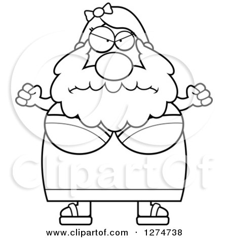 Clipart of a Black and White Chubby Mad Bearded Lady Circus Freak Holding up Fists - Royalty Free Vector Illustration by Cory Thoman