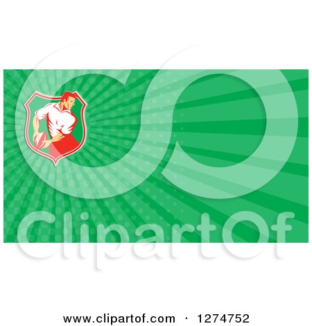 Clipart of a Retro Rugby Player and Green Rays Business Card Design - Royalty Free Illustration by patrimonio