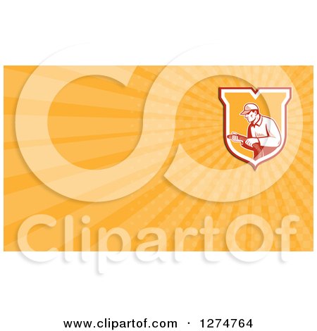 Clipart of a Retro Home Insulation Worker and Orange Rays Business Card Design - Royalty Free Illustration by patrimonio