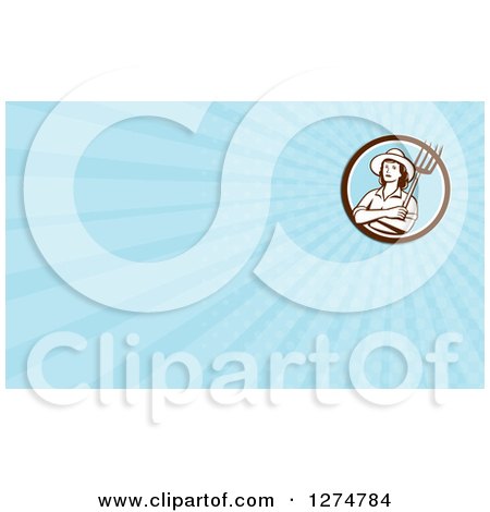Clipart of a Retro Female Farmer Holding a Pitchfork and Blue Rays Business Card Design - Royalty Free Illustration by patrimonio