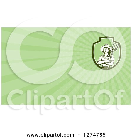 Clipart of a Retro Female Farmer Holding a Pitchfork and Green Rays Business Card Design - Royalty Free Illustration by patrimonio