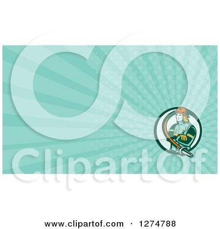 Clipart of a Retro Fireman and Turquoise Rays Business Card Design - Royalty Free Illustration by patrimonio