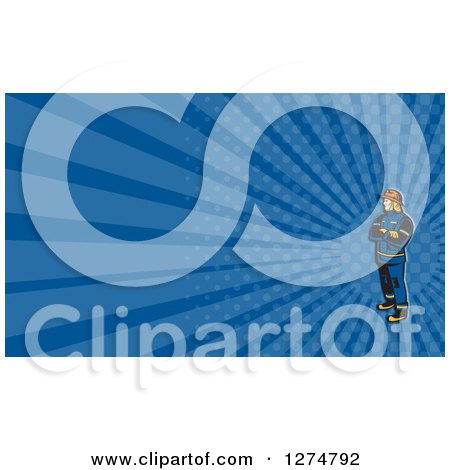 Clipart of a Retro Fireman and Blue Rays Business Card Design - Royalty Free Illustration by patrimonio