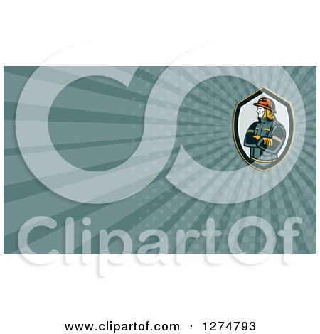 Clipart of a Retro Fireman and Teal Rays Business Card Design - Royalty Free Illustration by patrimonio