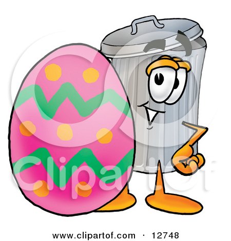 Clipart Picture of a Garbage Can Mascot Cartoon Character Standing Beside an Easter Egg by Mascot Junction