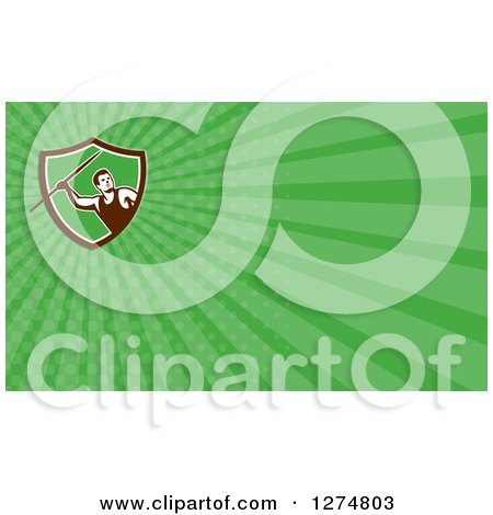 Clipart of a Retro Javelin Thrower and Green Rays Business Card Design - Royalty Free Illustration by patrimonio