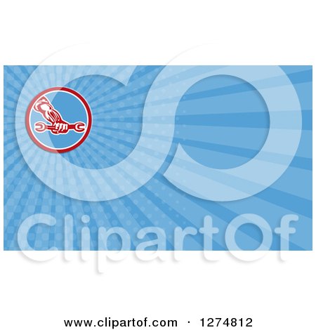 Clipart of a Retro Mechanic Hand Holding a Wrench and Blue Rays Business Card Design - Royalty Free Illustration by patrimonio