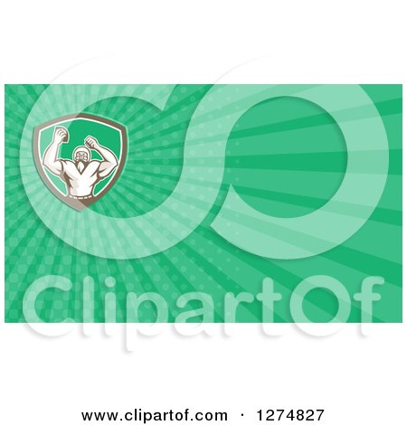 Clipart of a Retro American Football Player Cheering and Green Rays Business Card Design - Royalty Free Illustration by patrimonio