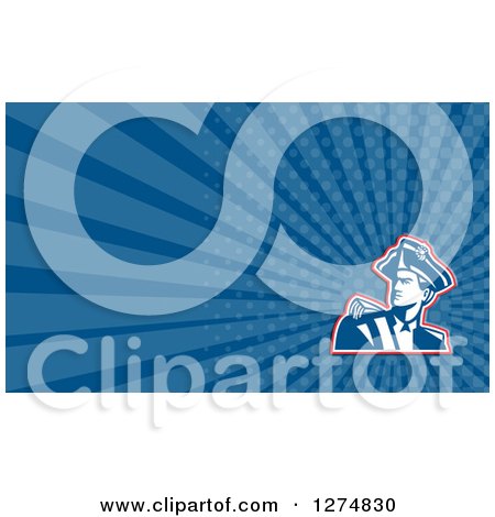 Clipart of a Retro American Revolutionary Soldier and Blue Rays Business Card Design - Royalty Free Illustration by patrimonio