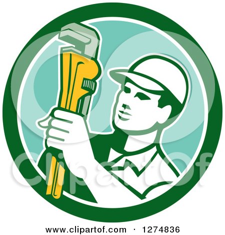 Clipart of a Retro Male Plumber Holding a Monkey Wrench in a Green White and Turquoise Circle - Royalty Free Vector Illustration by patrimonio
