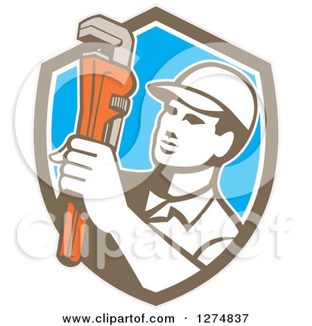 Clipart of a Retro Male Plumber Holding a Monkey Wrench in a Brown White and Blue Shield - Royalty Free Vector Illustration by patrimonio