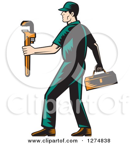 Clipart of a Retro Woodcut Male Plumber Walking with a Tool Box and Monkey Wrench - Royalty Free Vector Illustration by patrimonio