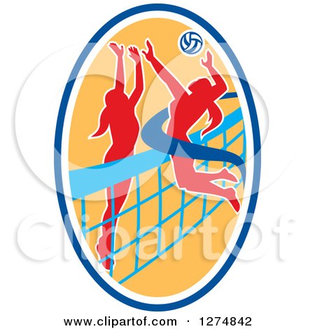 Clipart of a Silhouetted Female Volleyball Player Blocking an Opponents Spike in a Blue White and Yellow Oval - Royalty Free Vector Illustration by patrimonio