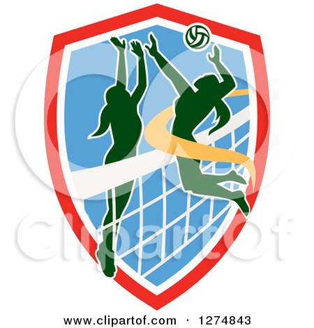 Clipart of a Silhouetted Female Volleyball Player Blocking an Opponents Spike in a Red White and Blue Shield - Royalty Free Vector Illustration by patrimonio