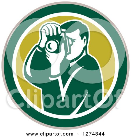 Clipart of a Retro Male Photographer Taking Pictures in a Taupe Green and White Circle - Royalty Free Vector Illustration by patrimonio