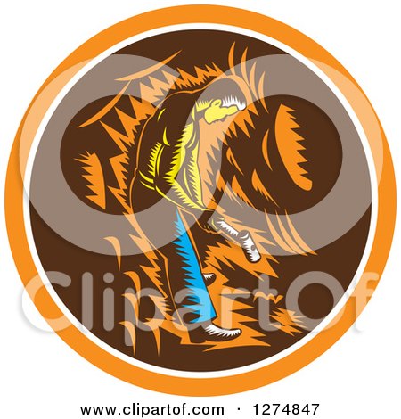 Clipart of a Retro Woodcut Miner Working with a Sledghammer in an Orange White and Brown Circle - Royalty Free Vector Illustration by patrimonio