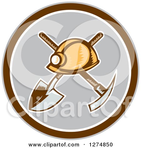 Clipart of a Retro Woodcut Miner Hat over a Crossed Shovel and Pickaxe in a Brown White and Gray Circle - Royalty Free Vector Illustration by patrimonio