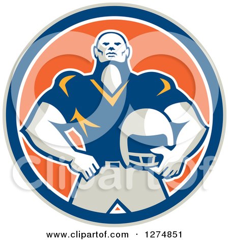 Clipart of a Retro Male American Football Player Holding His Helmet in a Taupe Blue White and Orange Circle - Royalty Free Vector Illustration by patrimonio