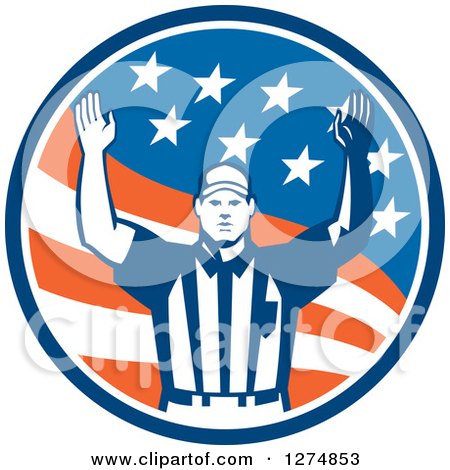 Clipart of a Retro American Football Referee Gesturing Touchdown in a Flag Circle - Royalty Free Vector Illustration by patrimonio
