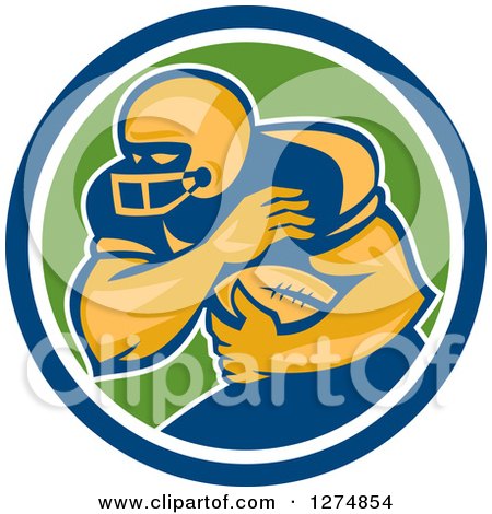 Clipart of a Retro Male American Football Player Fending in a Blue White and Green Circle - Royalty Free Vector Illustration by patrimonio