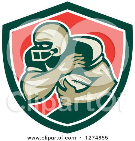 Clipart of a Retro Male American Football Player Fending in a Green White and Red Shield - Royalty Free Vector Illustration by patrimonio