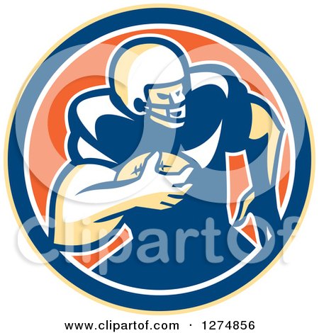 Clipart of a Retro Male American Football Player Rushing in a Yellow Blue White and Orange Circle - Royalty Free Vector Illustration by patrimonio
