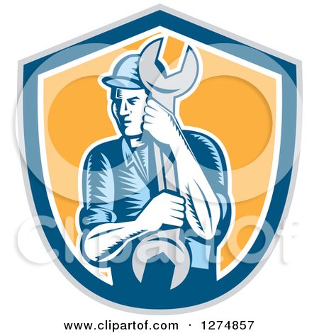 Clipart of a Retro Woodcut Mechanic Man Holding a Giant Spanner Wrench in a Gray Blue White and Yellow Shield - Royalty Free Vector Illustration by patrimonio