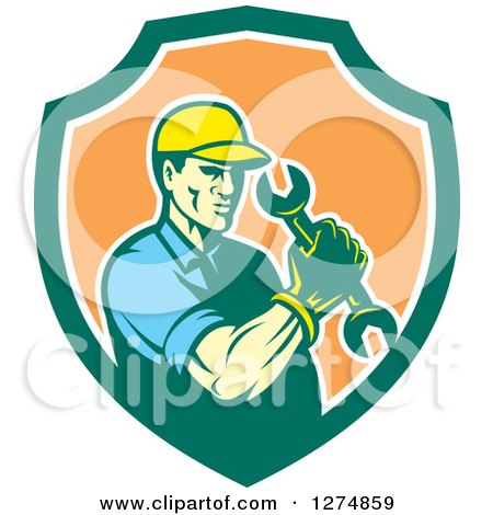 Clipart of a Retro Mechanic Man Holding a Spanner Wrench in a Green White and Orange Shield - Royalty Free Vector Illustration by patrimonio