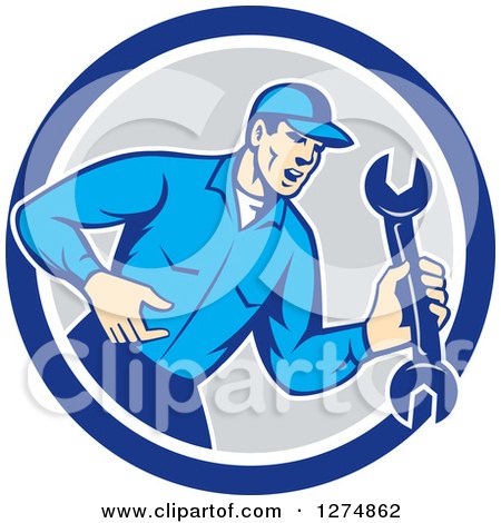 Clipart of a Retro Mechanic Man Shouting and Holding a Spanner Wrench in a Blue White and Gray Circle - Royalty Free Vector Illustration by patrimonio