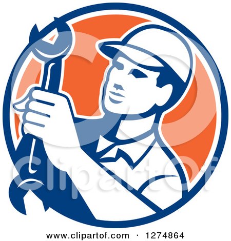Clipart of a Retro Mechanic Man Holding a Spanner Wrench in a Blue White and Orange Circle - Royalty Free Vector Illustration by patrimonio