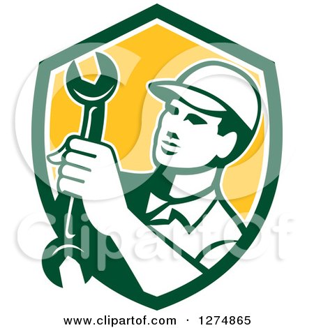 Clipart of a Retro Mechanic Man Holding a Spanner Wrench in a Green White and Yellow Shield - Royalty Free Vector Illustration by patrimonio
