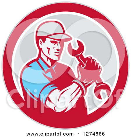 Clipart of a Retro Mechanic Man Holding a Spanner Wrench in a Red White and Gray Circle - Royalty Free Vector Illustration by patrimonio