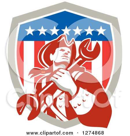 Clipart of a Retro American Revolutionary Patriot Soldier Mechanic Man Holding a Spanner Wrench in a Shield - Royalty Free Vector Illustration by patrimonio