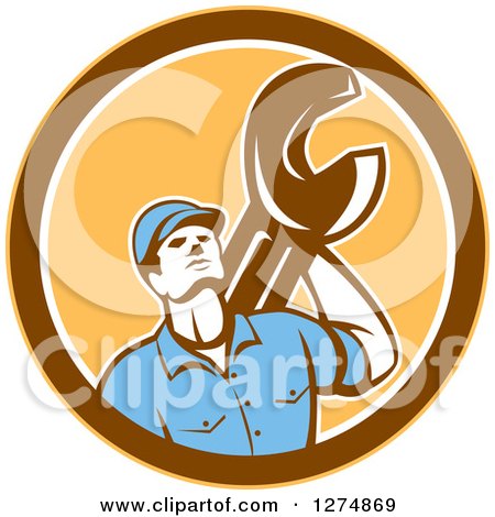 Clipart of a Retro Mechanic Man Holding a Spanner Wrench in a Yellow Brown and White Circle - Royalty Free Vector Illustration by patrimonio