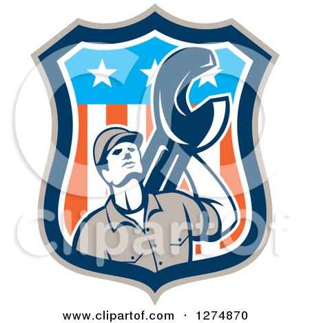Clipart of a Retro Mechanic Man Holding a Giant Spanner Wrench in an American Flag Shield - Royalty Free Vector Illustration by patrimonio