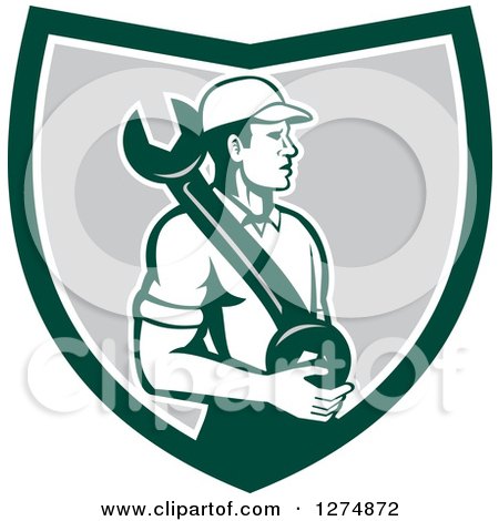 Clipart of a Retro Mechanic Man Holding a Giant Spanner Wrench in a Green White and Gray Shield - Royalty Free Vector Illustration by patrimonio