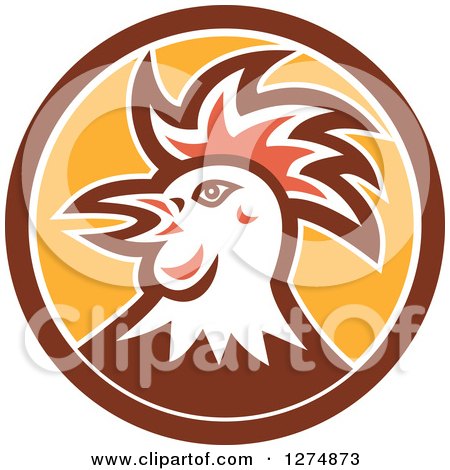 Clipart of a Rooster Head in Profile in a Brown White and Yellow Circle - Royalty Free Vector Illustration by patrimonio