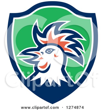 Clipart of a Rooster Head in Profile in a Blue White and Green Shield - Royalty Free Vector Illustration by patrimonio