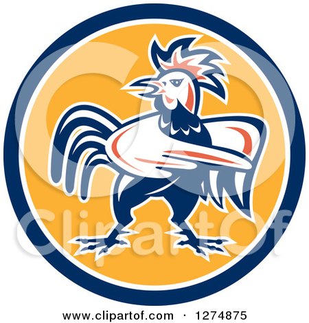 Clipart of a Retro Rooster Pointing in a Blue White and Yellow Circle - Royalty Free Vector Illustration by patrimonio