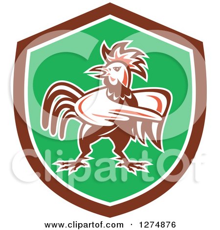 Clipart of a Retro Rooster Pointing in a Brown White and Green Shield - Royalty Free Vector Illustration by patrimonio
