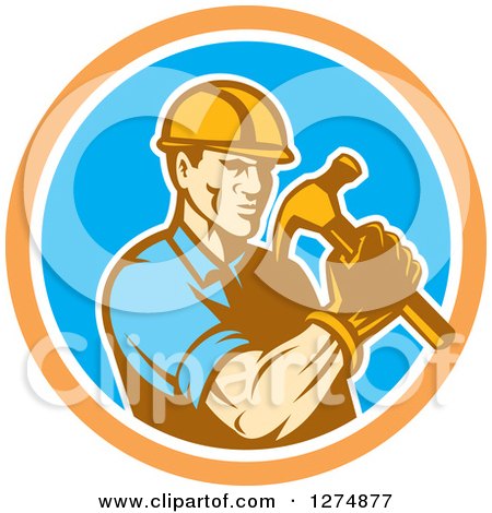 Clipart of a Retro Male Builder Construction Worker Holding a Hammer in an Orange White and Blue Circle - Royalty Free Vector Illustration by patrimonio