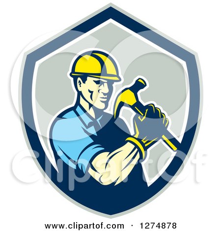 Clipart of a Retro Male Builder Construction Worker Holding a Hammer in a Gray Blue and White Shield - Royalty Free Vector Illustration by patrimonio