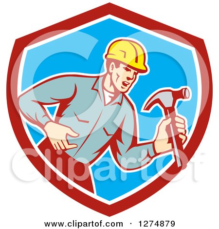 Clipart of a Retro Male Builder Shouting and Holding a Hammer in a Red White and Blue Shield - Royalty Free Vector Illustration by patrimonio
