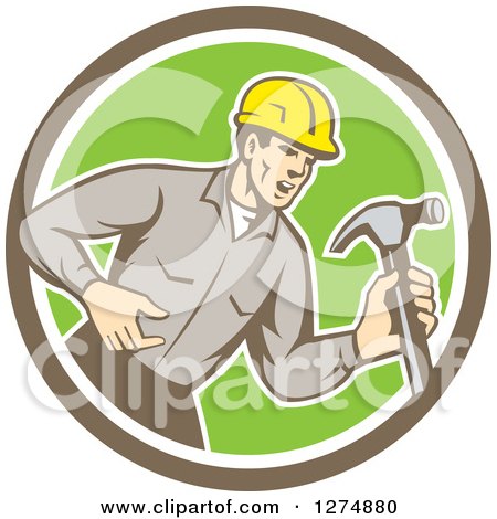 Clipart of a Retro Male Builder Shouting and Holding a Hammer in a Taupe White and Green Circle - Royalty Free Vector Illustration by patrimonio