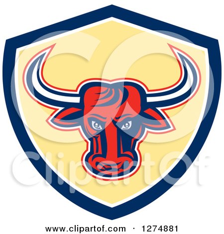 Clipart of a Retro Red Longhorn Bull in a Blue White and Yellow Shield - Royalty Free Vector Illustration by patrimonio