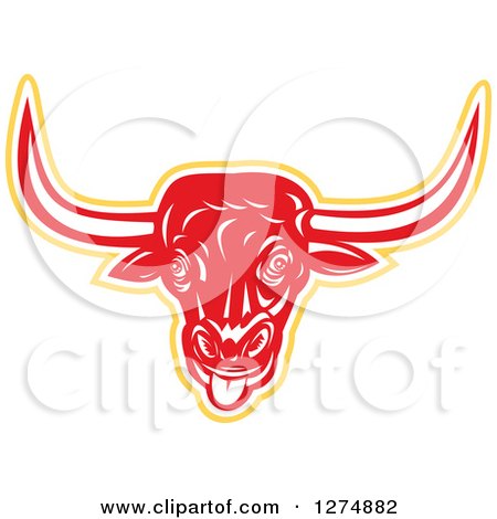 Clipart of a Retro Woodcut Red White and Yellow Longhorn Bull with Its Tongue Hanging out - Royalty Free Vector Illustration by patrimonio